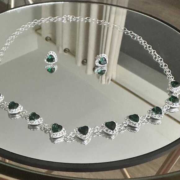 Sterling Silver 925 Choker Heart Green Zircons Stunning Set & Earrings - Picture 3 of 12